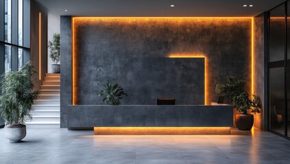 Modern Lobby Interior Design with Concrete Wall and Warm Lighting