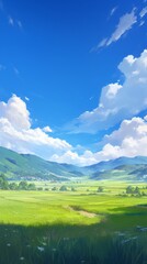 Fototapeta premium Beautiful grassland, blue sky, and white clouds. Distant mountains in the distance