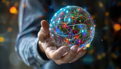 Fototapeta premium A man holds in his hand a sphere of neural networks, with transparent and colorful lines and dots inside it, set against a dark, blurred background Generative AI