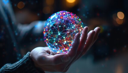 A man holds in his hand the sphere of digital network connections, a hologram with multi-colored lines and dots on a dark background, blurred focus, a concept for global connectivity Generative AI