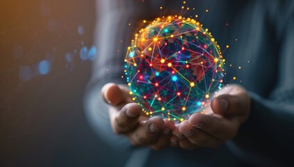 A person holding an abstract sphere made of colorful lines and dots, representing a global network or connectivity concept Generative AI