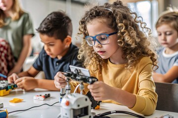 Future Engineers: Young Girl Building a Robot. A focused young girl wearing safety glasses diligently assembles a robot in a bustling classroom, showcasing the exciting world of STEM education.