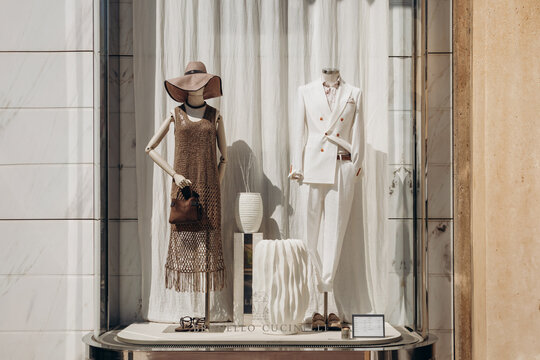 Cannes, France - August 1, 2024: Window displays of the Brunello Cucinelli boutique in Cannes