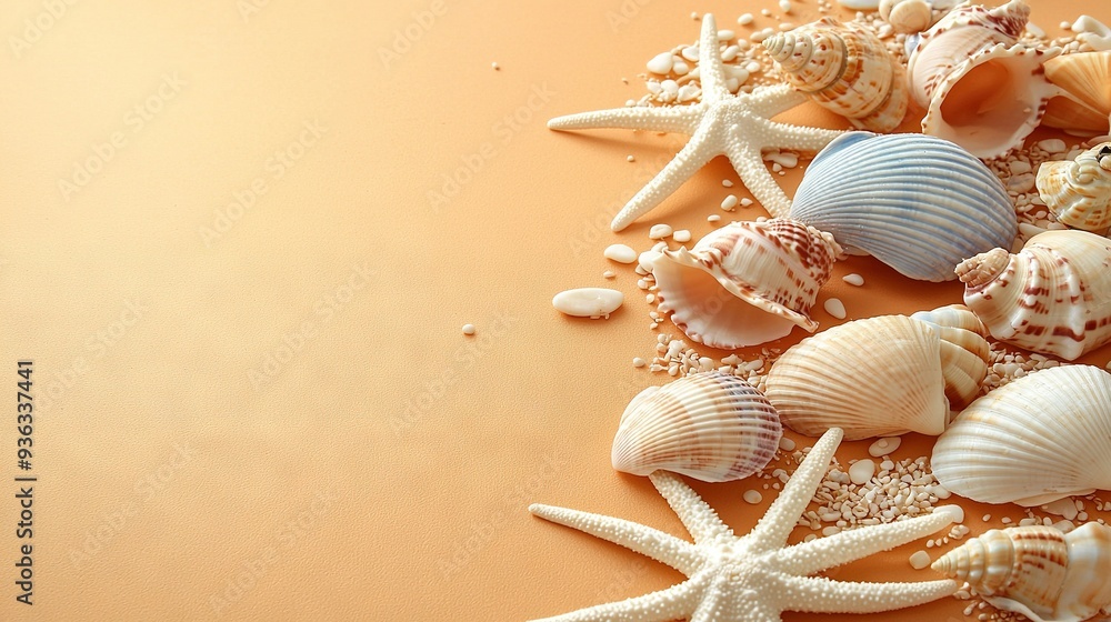 Poster a collection of seashells and starfish on an orange backdrop, featuring a space for text or images