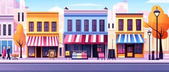 A vibrant street scene showcasing colorful shops and stylish awnings under clear blue skies, perfect for urban lifestyle themes.