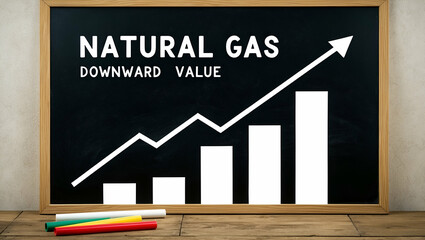 Photo Realistic as Blackboard with Natural Gas and Growth Chart concept as A blackboard featuring natural gas symbols and a growth chart set against a whimsical background offering ample space for tex