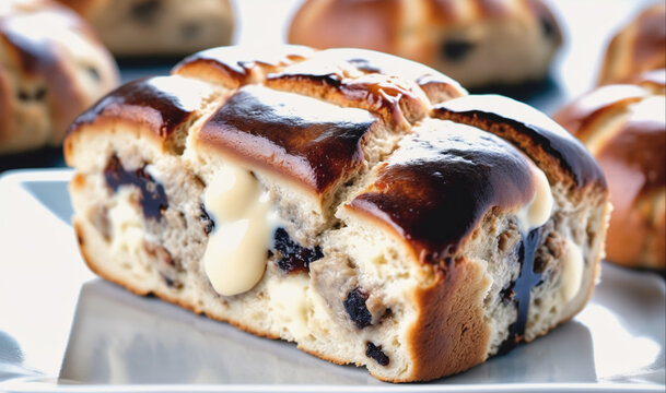 A close-up of a freshly baked hot cross bun, sliced in half, revealing a creamy filling