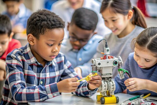 Young Students Engaging in Robotics Workshop. In a vibrant classroom setting, a focused young boy assembles a robot with his peers, showcasing teamwork and curiosity in a STEM learning environment.