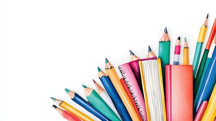 Fototapeta premium A colorful set of school supplies with books, watercolor illustration, soft tones, isolated on white background