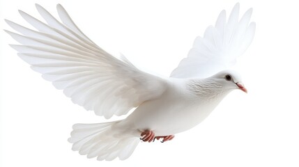 Obraz premium White Dove in Flight A LowAngle Perspective of a Graceful Bird with Detailed Feathers Against a White Background Symbolizing Peace and Hope