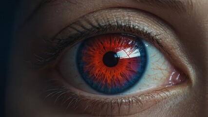 Fototapeta premium Glowing red and blue eyeball with symbol in the iris.