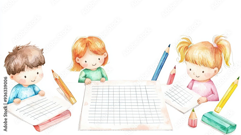 Wall mural children practicing handwriting with lined paper and pencils, watercolor illustration, soft colors, 