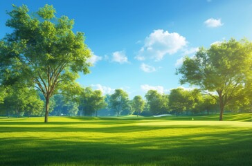 Beautiful Green Grass Field with Trees and Morning Sunlight at a Golf Course