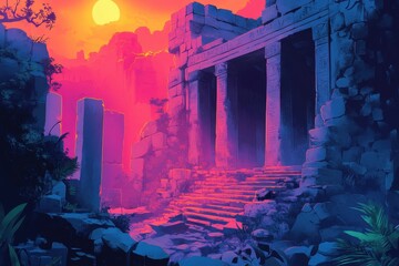 Obraz premium Ancient Stone Temple with Sunset Glow and Lush Greenery