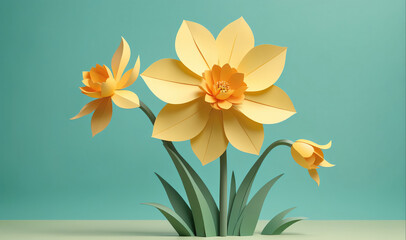 Fototapeta premium Three paper daffodils bloom against a turquoise backdrop