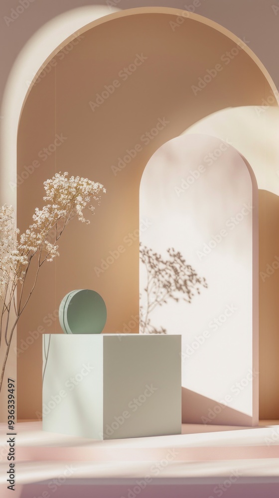 Aufkleber in a calming environment, a simple pedestal holds a softly colored bowl. gentle shadows and a lush f