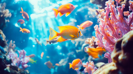 Obraz premium Panoramic view of underwater world with tropical fish