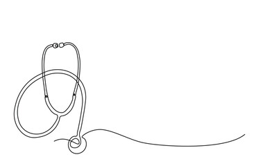 Medical tool - stethoscope in simple outline illustration. Continuous line drawing of stethoscope.
