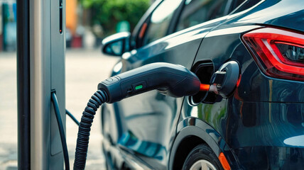 Close-up of an electric car plugged into a charging station, symbolizing sustainable transportation
