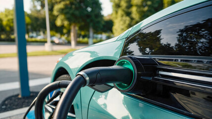 A close-up view of an electric vehicle being charged, emphasizing green energy