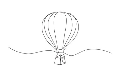 Hot air ballon in simple outline illustration. Continuous line drawing of Air balloon. Travel and adventure concept.