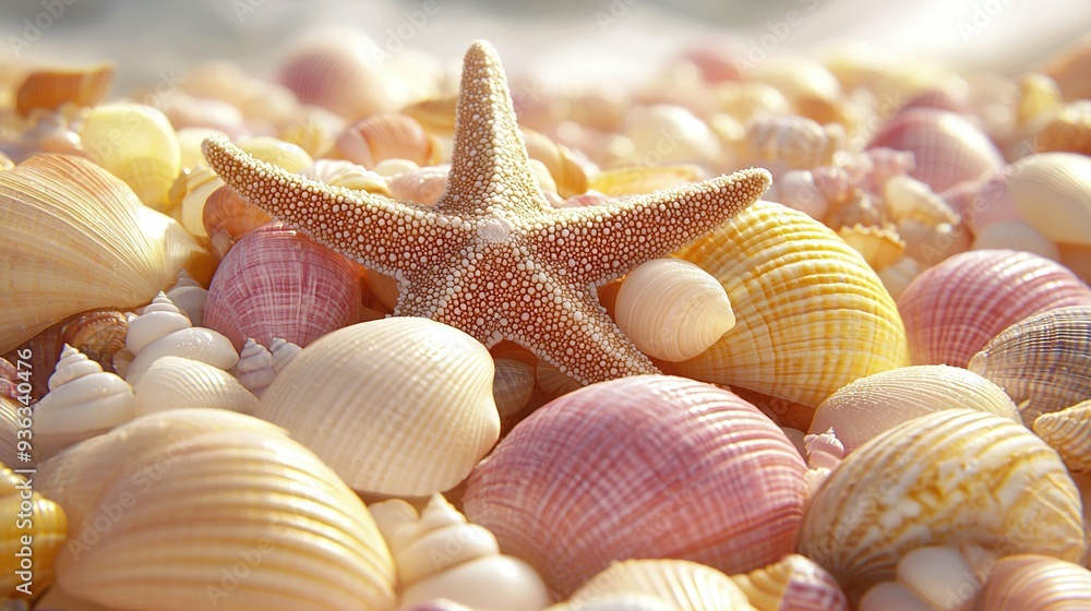 Poster a starfish atop a seashell mound on top of another seashell stack