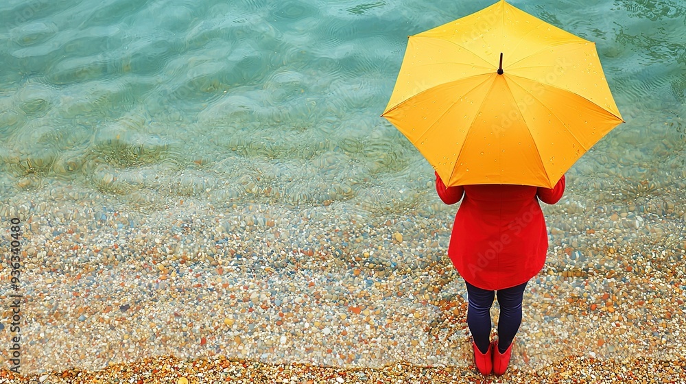 Poster an image of a person on a beach with an umbrella protecting them from the sun while a body of water 