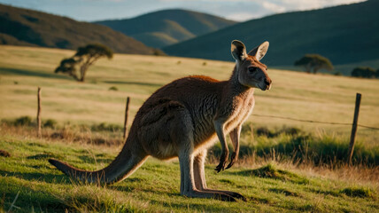 Fototapeta premium Close-up of a kangaroo with hills and another kangaroo in the background, capturing the natural beauty of the landscape.