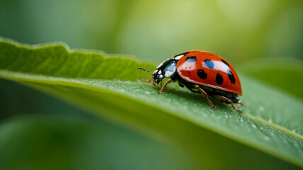 Fototapeta premium A bright red ladybug on a green leaf covered with dew drops