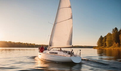 A sailboat glides across a calm lake at sunset