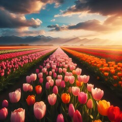 field of tulips and blue sky