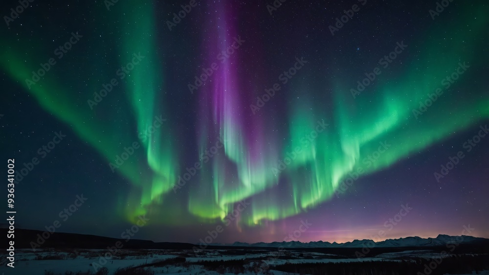 Wall mural abstract portrayal of a northern lights display, with vibrant green and purple streaks across a star