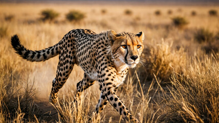 Naklejka premium Wildlife action shot of a cheetah running across the African savanna at high speed