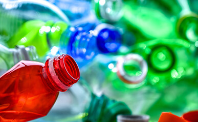Empty colored drink bottles. Recyclable plastic waste