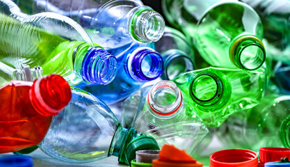 Empty colored drink bottles. Recyclable plastic waste