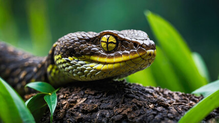 Fototapeta premium A close-up of a brightly colored pit viper with vivid orange eyes