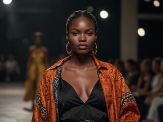 black model walking the runway at a modern african fashion show.