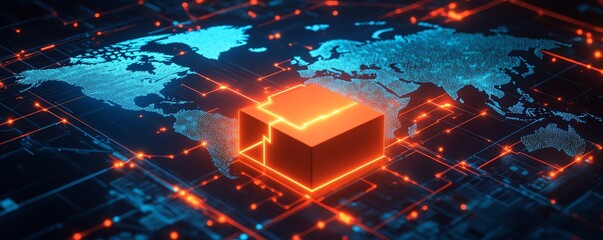 Fototapeta premium Futuristic digital world featuring a glowing package icon, representing shipping and technology, against a global map backdrop.