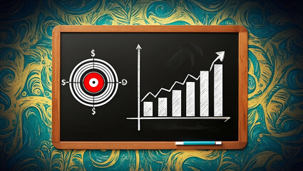 Photo Realistic as Blackboard with Target and Graph concept as A blackboard featuring a target and a graph set against a whimsical background offering ample space for text or graphics symbolizing stra