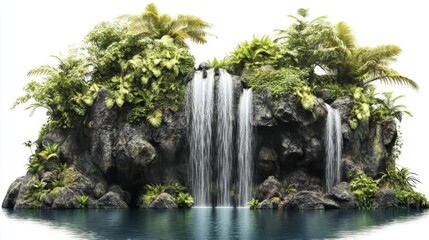 Naklejka premium A Hawaiian waterfall cascading into a pool, serene nature scene, photorealistic, lush greenery, isolated on white background