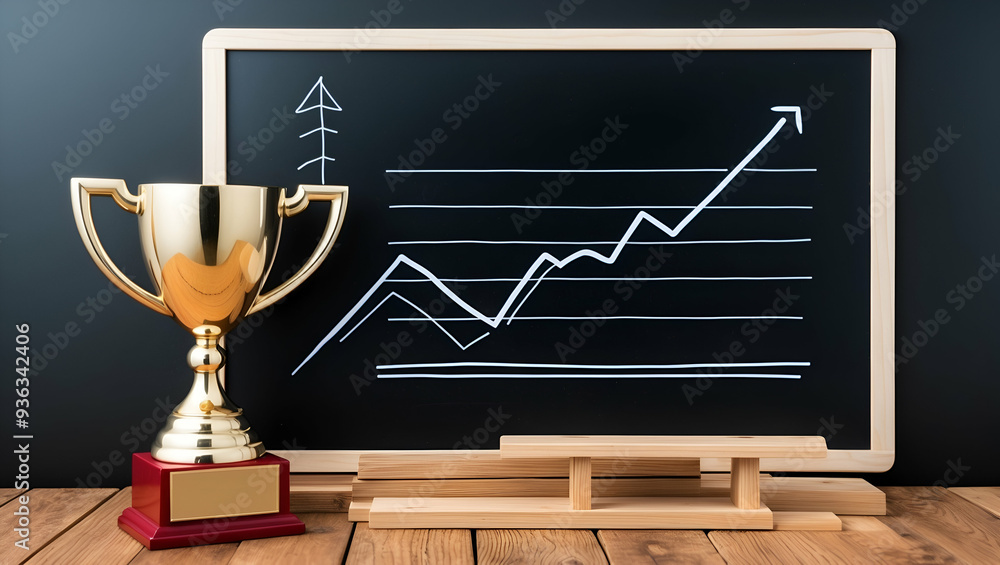 Poster photo realistic as blackboard with trend line and trophy concept as a blackboard with a trend line a