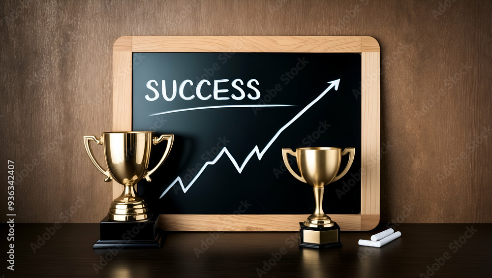 Poster photo realistic as blackboard with trend line and trophy concept as a blackboard with a trend line a