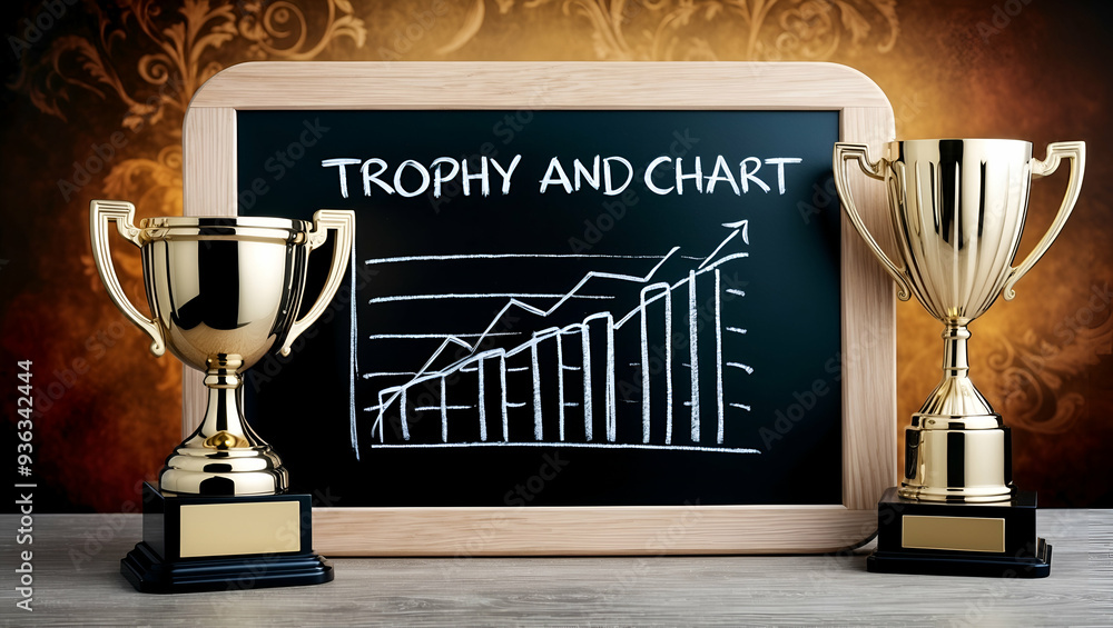 Poster photo realistic as blackboard with trophy and chart concept as a blackboard featuring a trophy and a