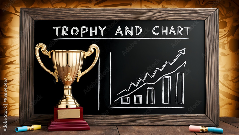 Poster photo realistic as blackboard with trophy and chart concept as a blackboard featuring a trophy and a