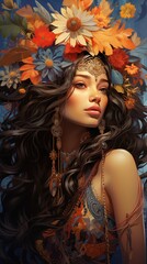 A beautiful bohemian woman with long, flowing black hair adorned with a vibrant floral crown featuring orange and blue flowers. 