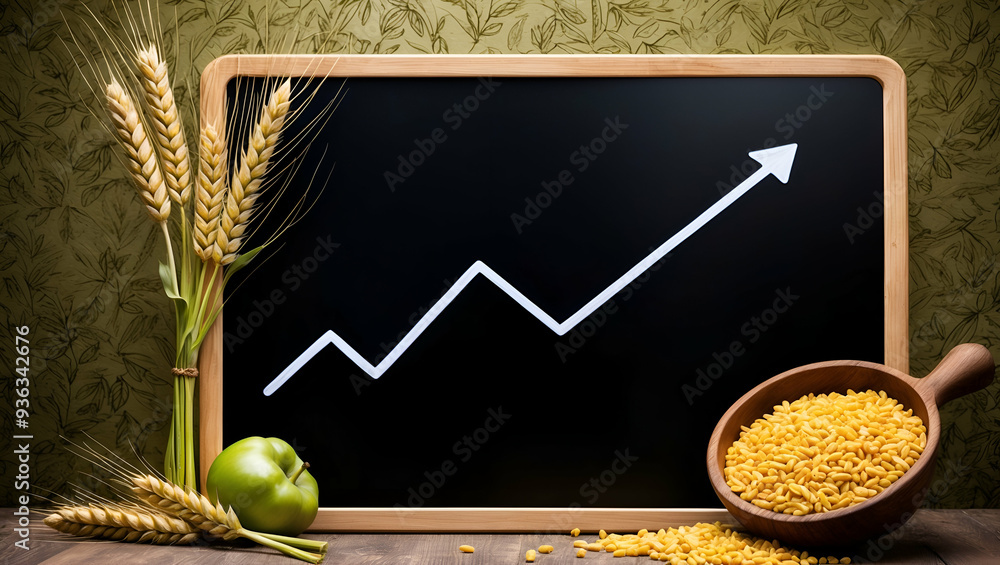 Poster photo realistic as blackboard with wheat sheaf and rising line concept as a blackboard featuring a w