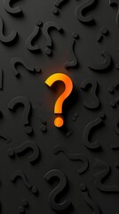 A solitary orange question mark emerges boldly from a textured black backdrop, surrounded by subtle patterns, evoking feelings of mystery and prompting thoughtful reflection