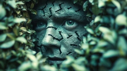 Cracked Face Emerging from Foliage - A surreal image of a cracked, stone-like face peering through dense foliage, symbolizing the intersection of nature and decay.