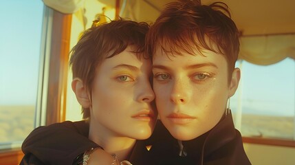 LGBT, intimacy,  young women, outdoor, warm sunlight, lens flare, relaxation, natural light, fashion, close-up, tenderness