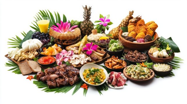 A traditional Hawaiian luau feast, cultural celebration, colorful spread of food, isolated on white background